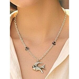Silver Tone Bird Anchor Nautical Pendant 19" Long Necklace Pavé Crystal Accents